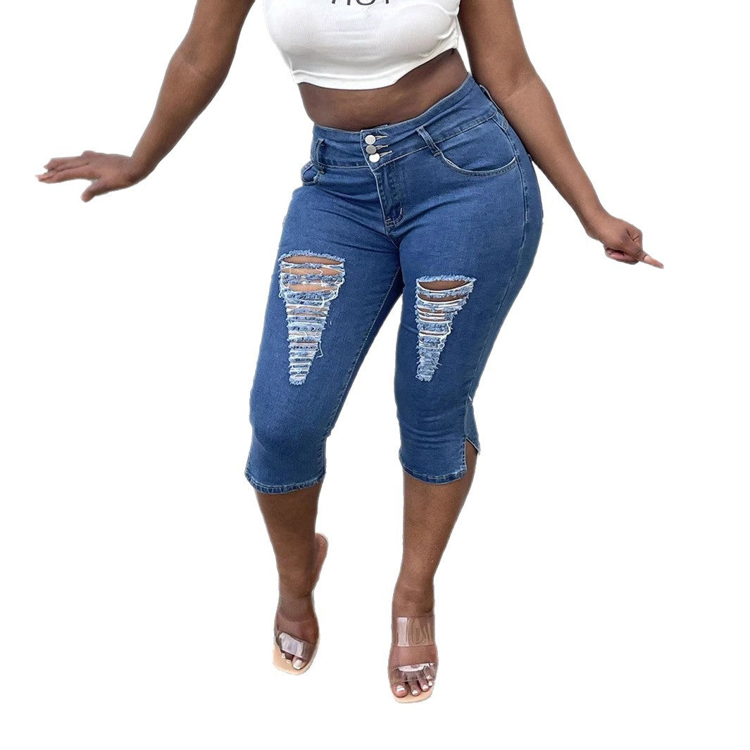 Women's high-waisted, three-quarter length stretch jeans with destroyed inserts and side seam slit Amarae