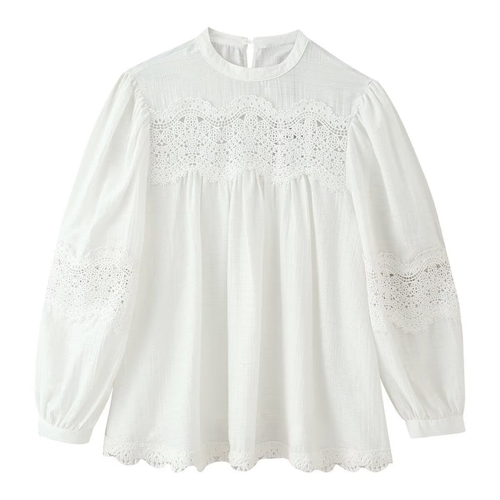 Ladies Romantic Lace Blouse with Stand Collar, Yoke and Balloon Sleeves Amarae