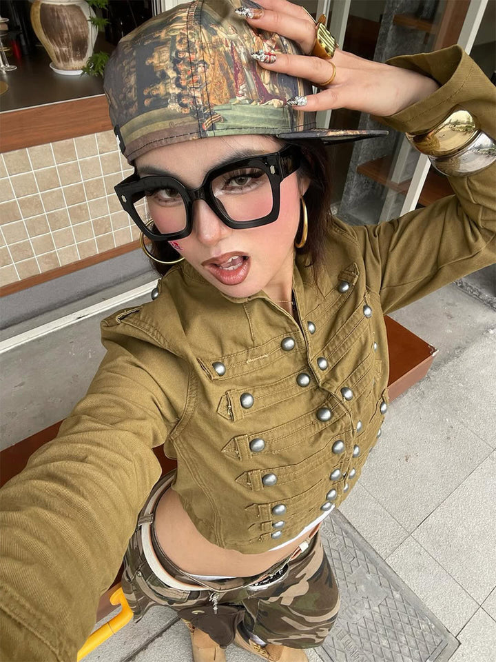 Women short-cut military-inspired cargo jacket with decorative button placket Amarae