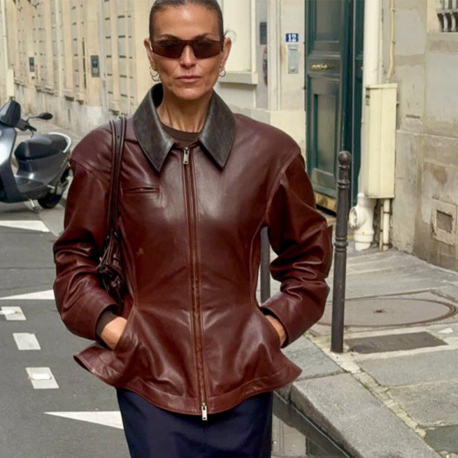 Women’s leather jacket with tailored peplum, zipper & large shirt collar Amarae