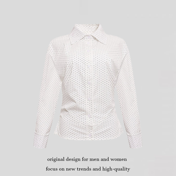 Women's Fitted Long Sleeve Blouse Shirt with Polka Dot Pattern and Shaped Darts
