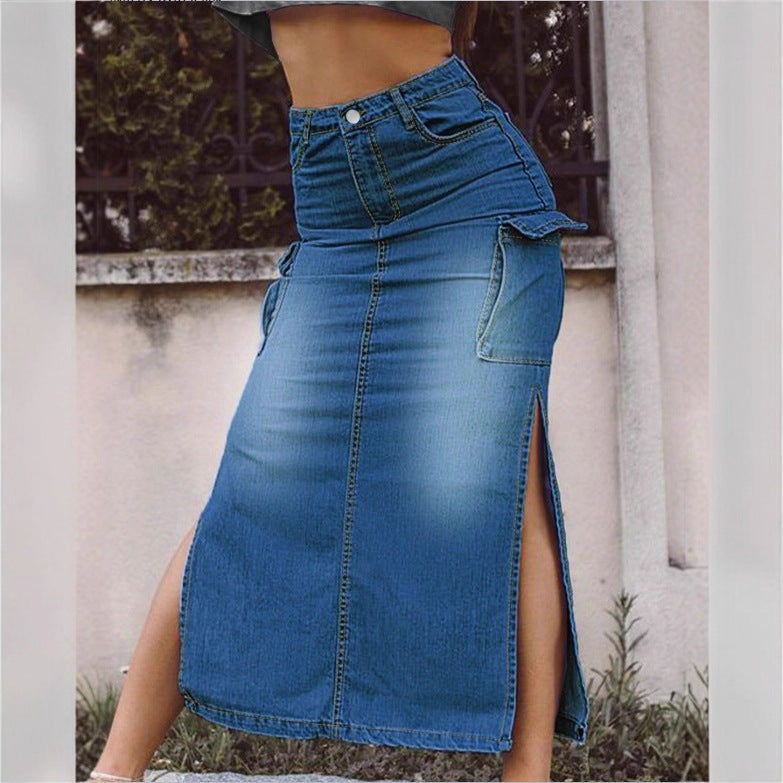 Women's High-Waisted Denim Midi Skirt with Cargo Pockets, Side Slits, and Waist-Defining Cut Amarae