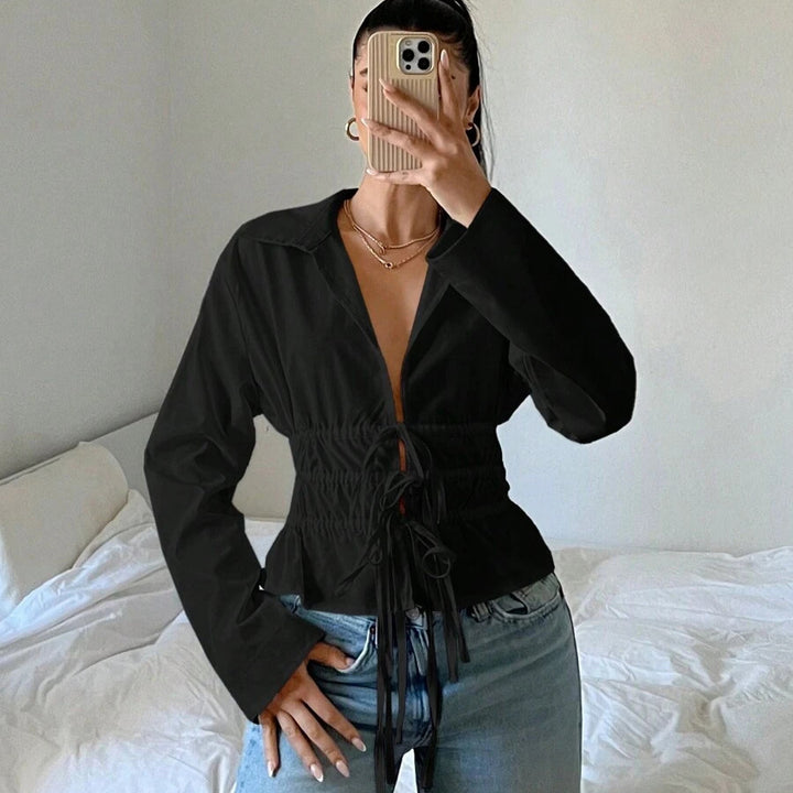Lune London zip-up blouse for women with gathers and long sleeves