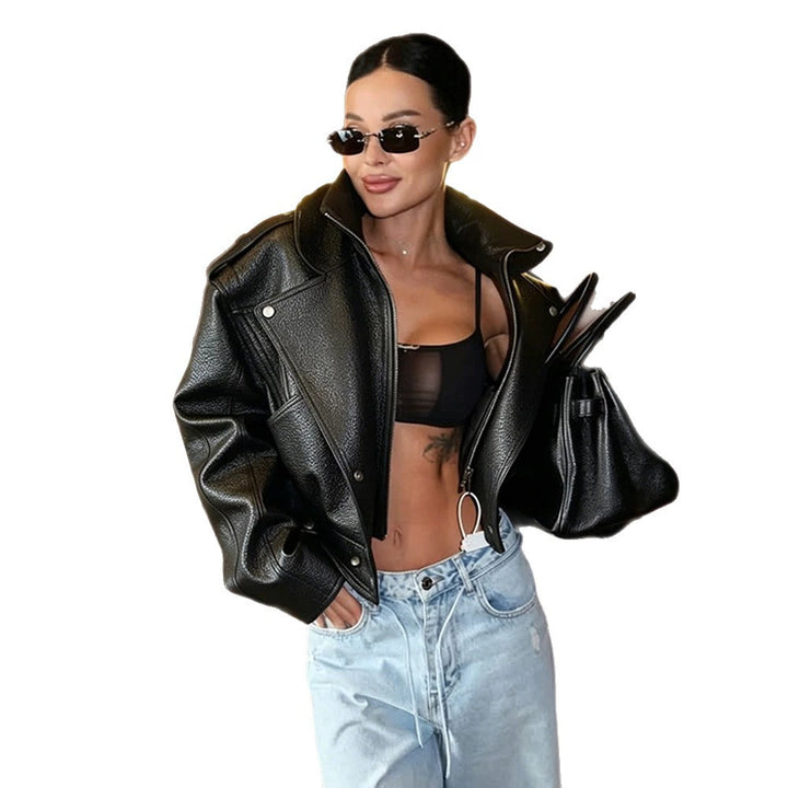 Women's Short-Cut Structured Biker Jacket Made of Faux Leather Amarae