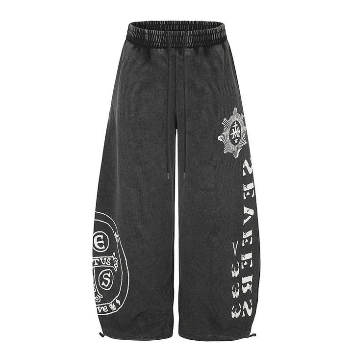 Women's Wide Mid-Calf Palazzo Sweatpants with Adjustable Hem, Drawstring Waistband, and Statement Print