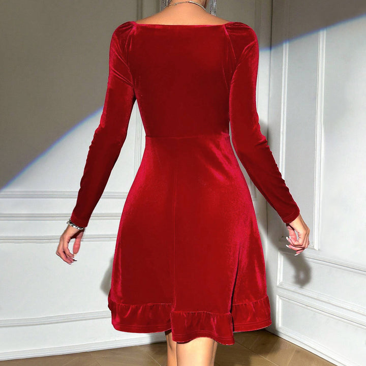 Robe Midi en Velours pour Femmes avec Élégant Décolleté en V et Détails de Volants Décontractés Chic & Stil