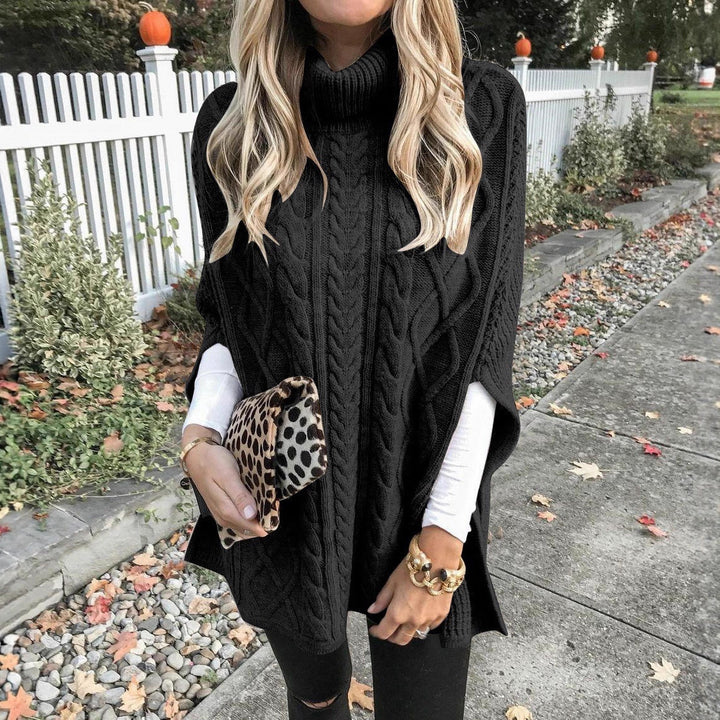 Knit poncho for women with high collar and decorative braided pattern Lune London