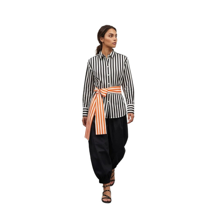 Women Vertical Striped Oversize Shirt Blouse with Boxy Silhouette and Tie Belt Amarae