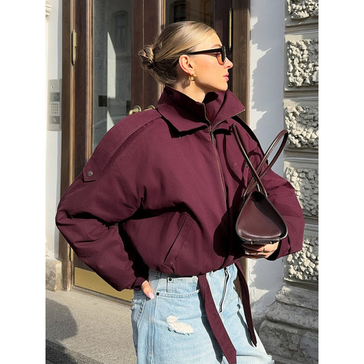 Women's short oversized bomber jacket with high stand-up collar, drawstring and shoulder flaps Amarae