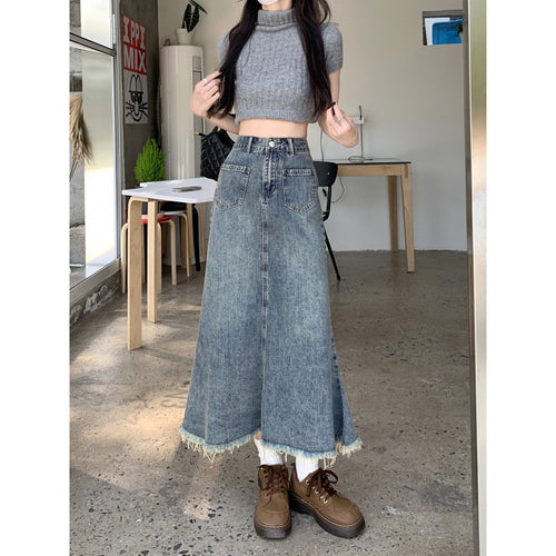 Jupe en denim longue pour femme avec ourlet effiloché Chic & Stil