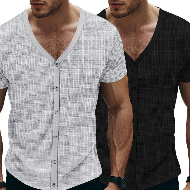 Men's Short Sleeve Henley T-Shirt with Textured Design and Fashionable V-Neck Lune London