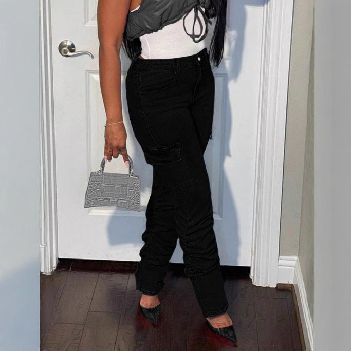 Women's High-Waisted Cargo Jeans with Slim Fit and Gathered Leg Hems Amarae