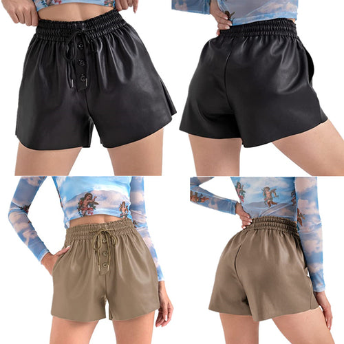 Casual women's shorts in innovative synthetic leather with an elastic waistband and practical button details Amarae
