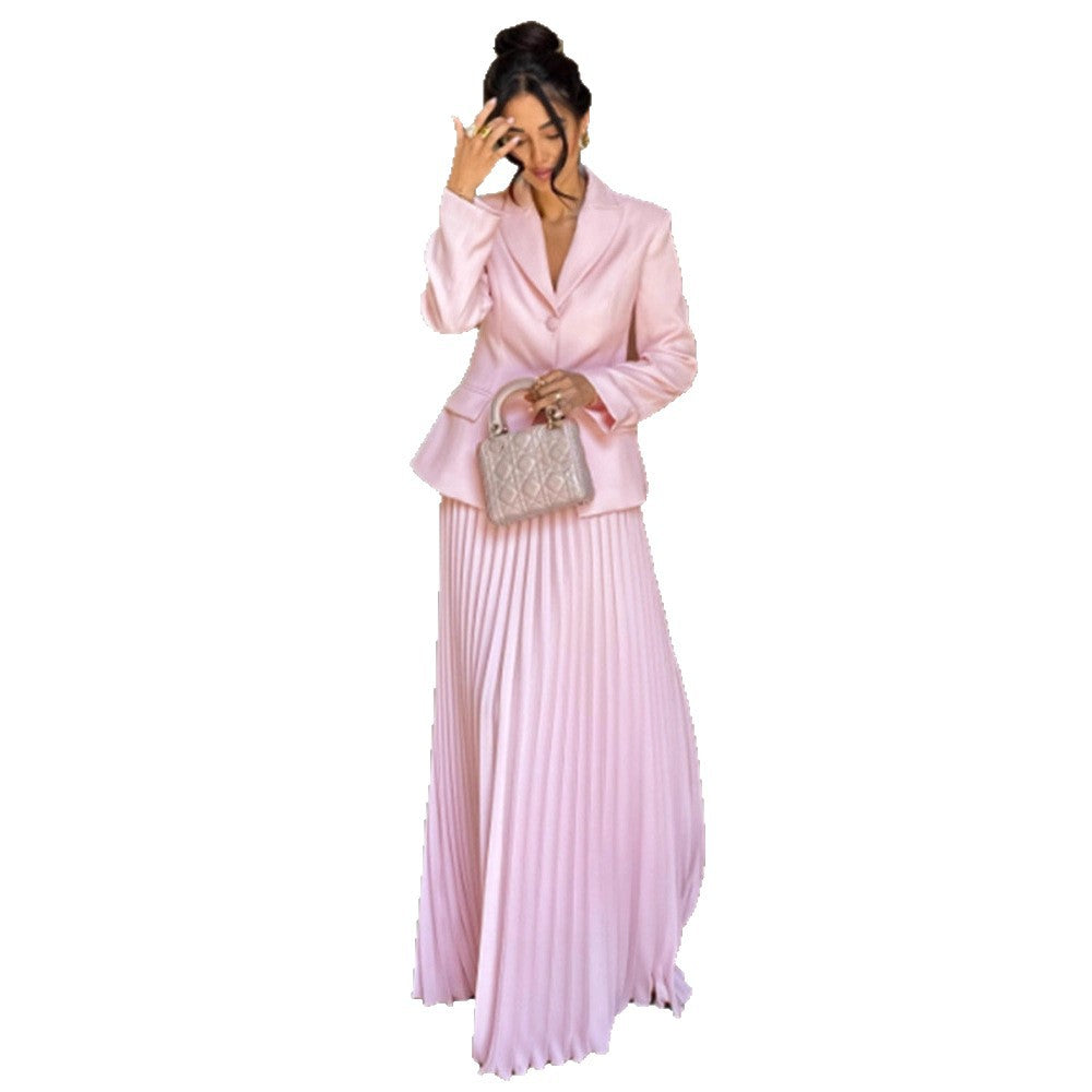 Women's Tailored Blazer and Midi Skirt Set with Pleated Skirt & Tied Belt Amarae