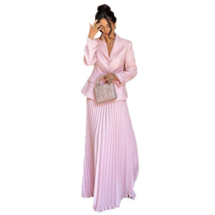 Women's Tailored Blazer and Midi Skirt Set with Pleated Skirt & Tied Belt Amarae