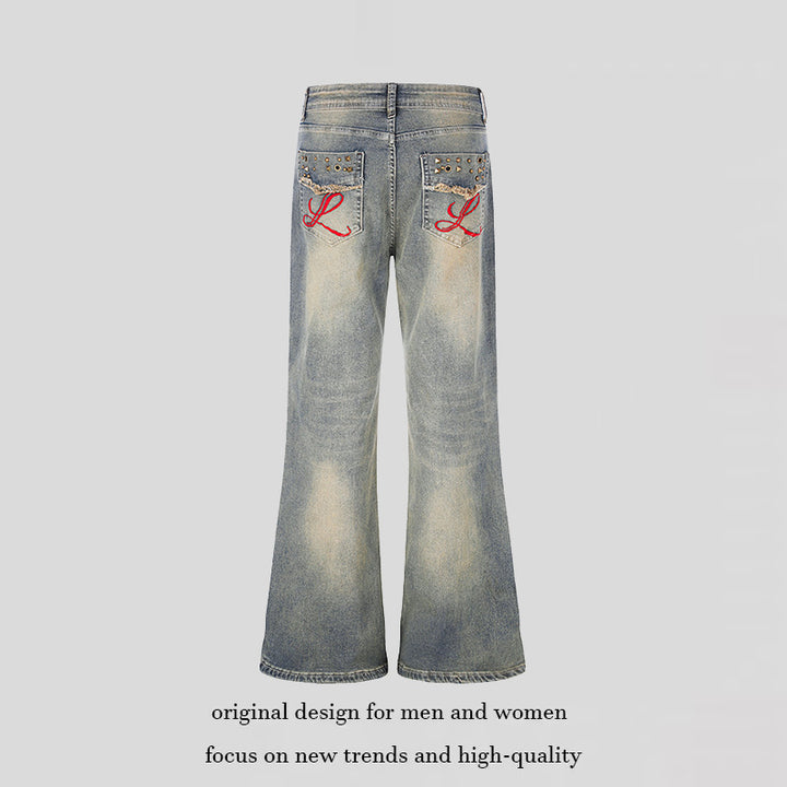 Women's Wide High-Waist Flared Jeans with Used Effect, Embroidered Back Pockets and Rivets Amarae