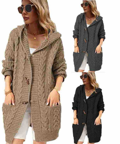 Wool coat for women with hood and artistic cable knit pattern Amarae