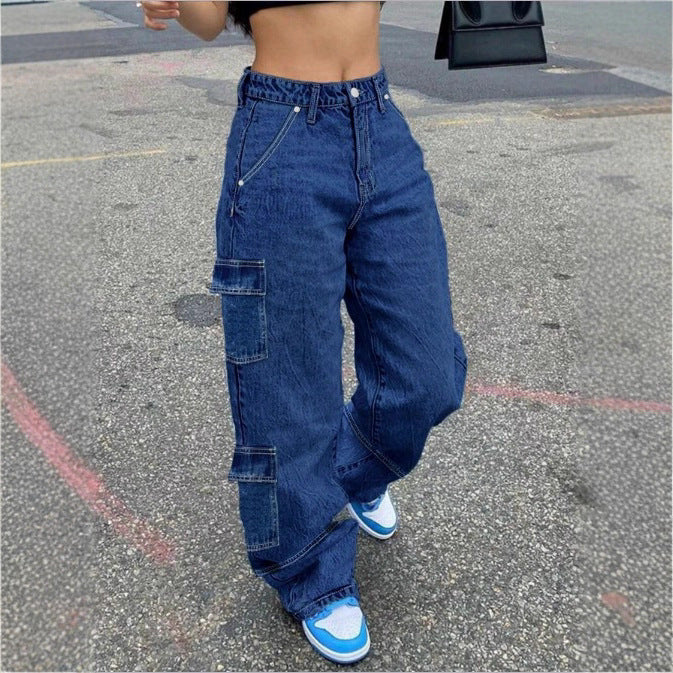 Women's high-waisted wide cargo denim pants with elastic waistband and multiple pockets Amarae