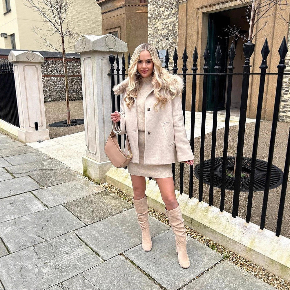 Women's short coat with faux fur shawl collar & boxy oversized silhouette Amarae