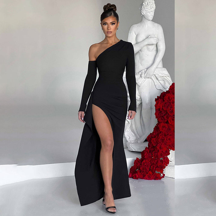 One-shoulder evening dress with high slit Lune London