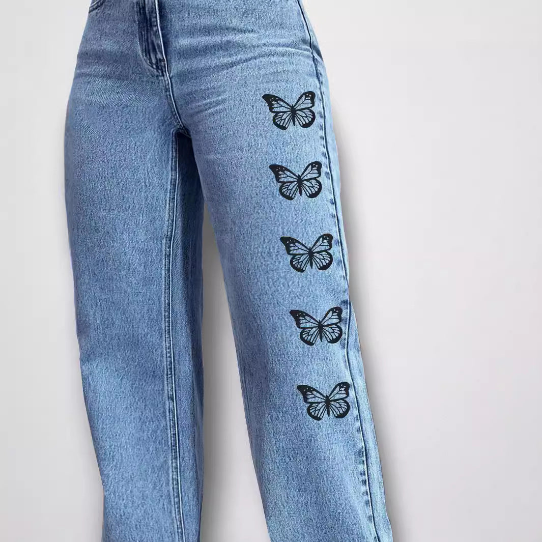 Ladies High-Waist Loose-Fit Denim Pants with Side Butterfly Print Amarae