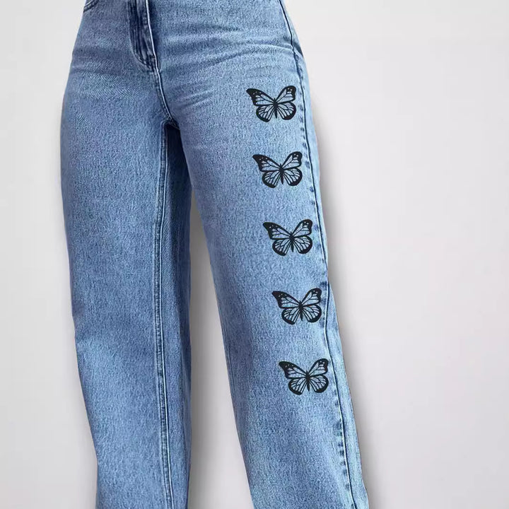 Ladies High-Waist Loose-Fit Denim Pants with Side Butterfly Print Amarae