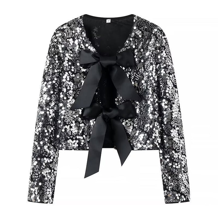 Veste en sequins brillants pour femmes avec accents de nœud élégants Chic & Stil