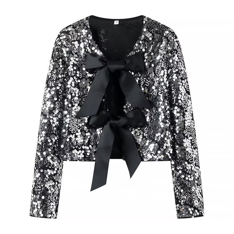 Ladies Short Cut Sequin Jacket with Double Tied Satin Bows Amarae