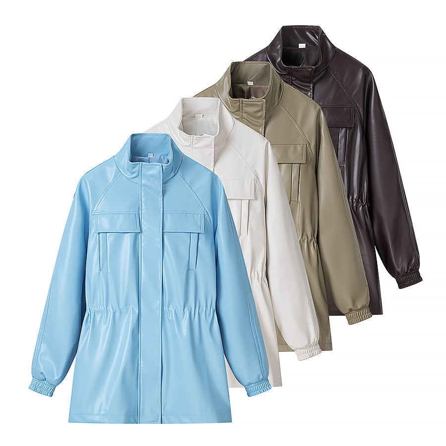 Women's Faux Leather Parka with Drawstring Waist and Chest Pockets Amarae