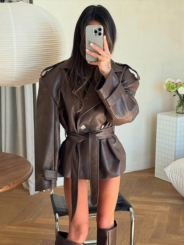 Women's short jacket made of faux leather with waistbelt and oversized shoulder area Amarae