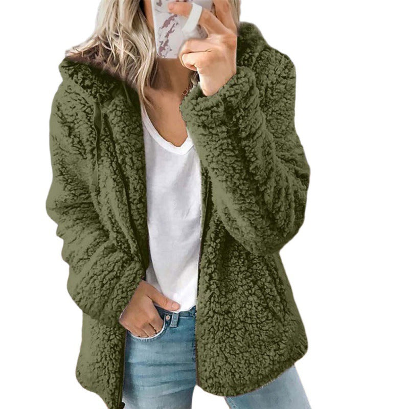 Women's fleece teddy jacket with hood, oversized cut and zipper Amarae