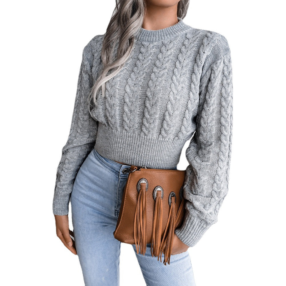 Thick knitted sweater for women with elongated hem and synthetic leather appliqués Lune London