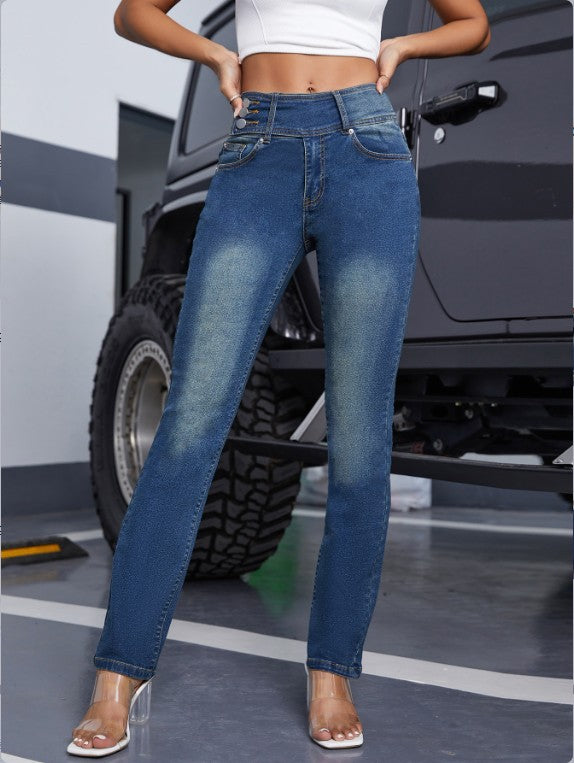 Women High-Waisted Sculpting Jeans with Triple Button Placket and Straight Leg Amarae