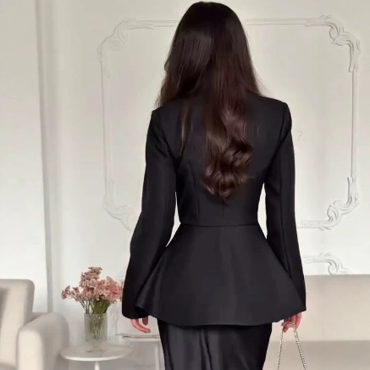 Women's Tailored Peplum Jacket with Stand Collar and Decorative Toggle Fasteners Amarae