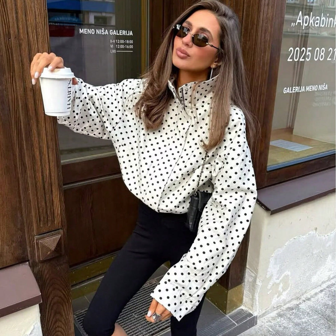Women Polka Dot Blouse with Stand-up Collar and Balloon Sleeves Amarae