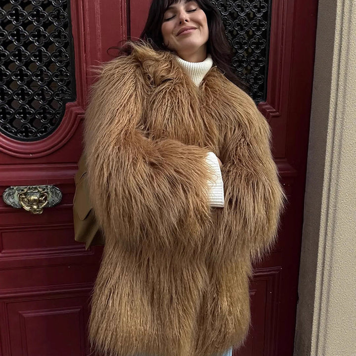 Women's Oversized Shaggy Faux Fur Coat with Long Pile Texture and Concealed Button Placket Amarae