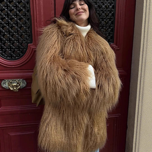 Women's Oversized Shaggy Faux Fur Coat with Long Pile Texture and Concealed Button Placket Amarae
