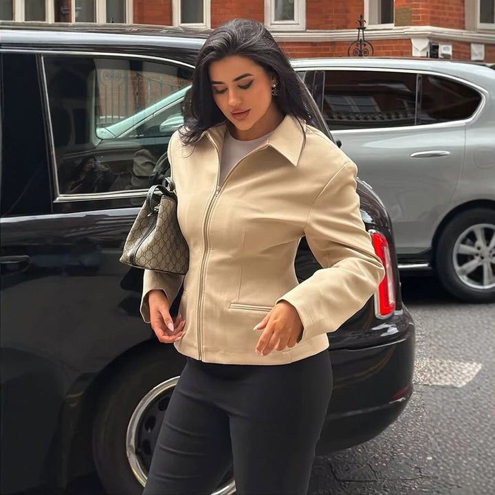 Women's Tailored Short Jacket made of vegan leather imitation with shirt collar and concealed zipper Amarae