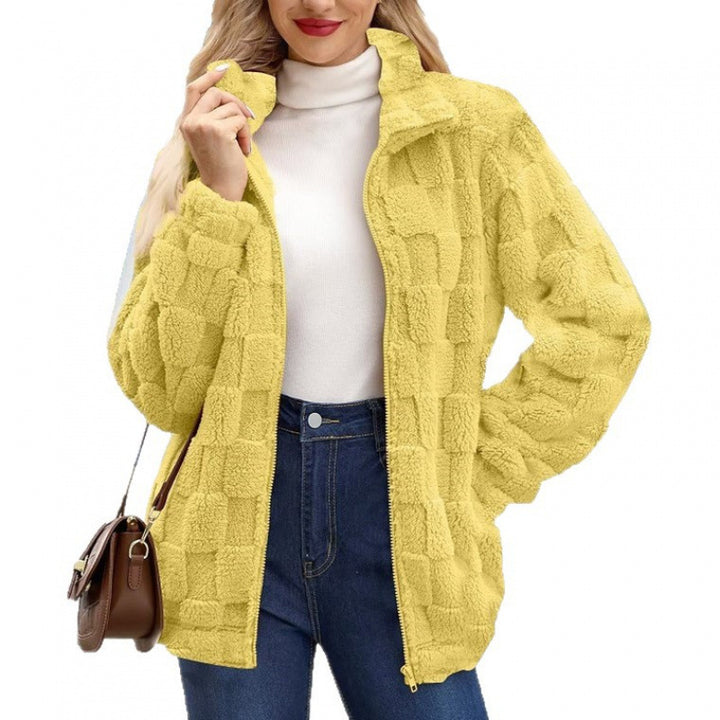Women's teddy jacket with check structure, stand-up collar and zipper Amarae