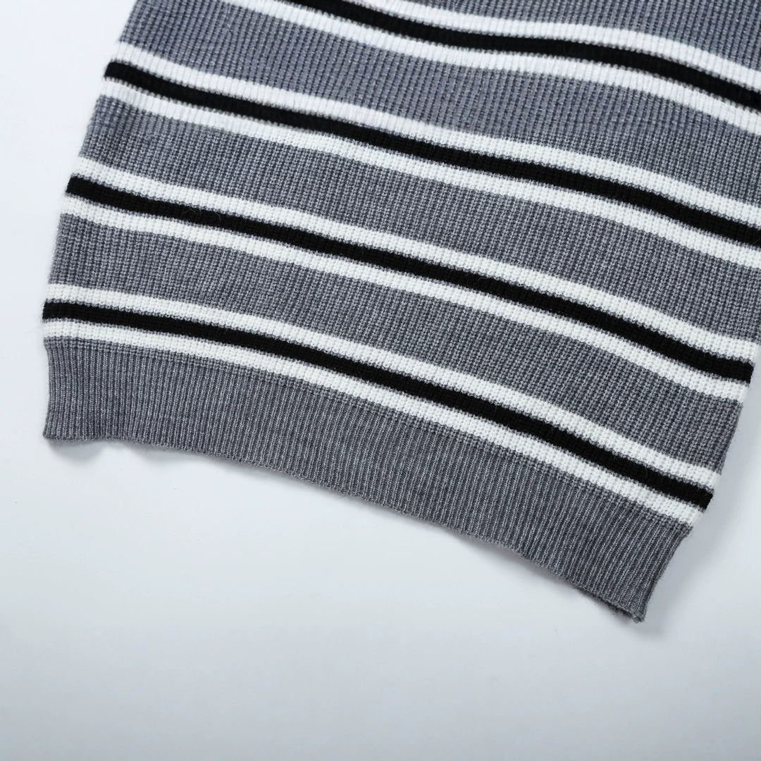Women's Striped Knit Sweater with Polo Collar and Half Zipper Amarae