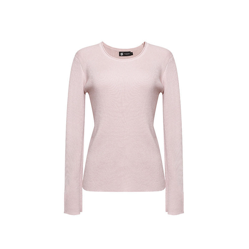 Women's fine knit sweater with round neckline, slim silhouette, and decorative button sleeves Amarae
