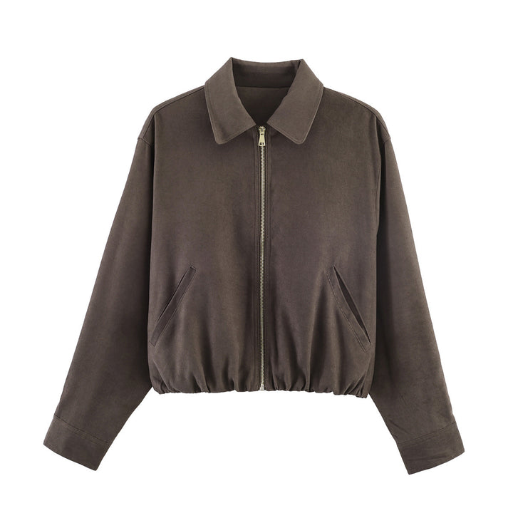 Ladies short cut velour look bomber jacket with lapel collar and elastic hem Amarae