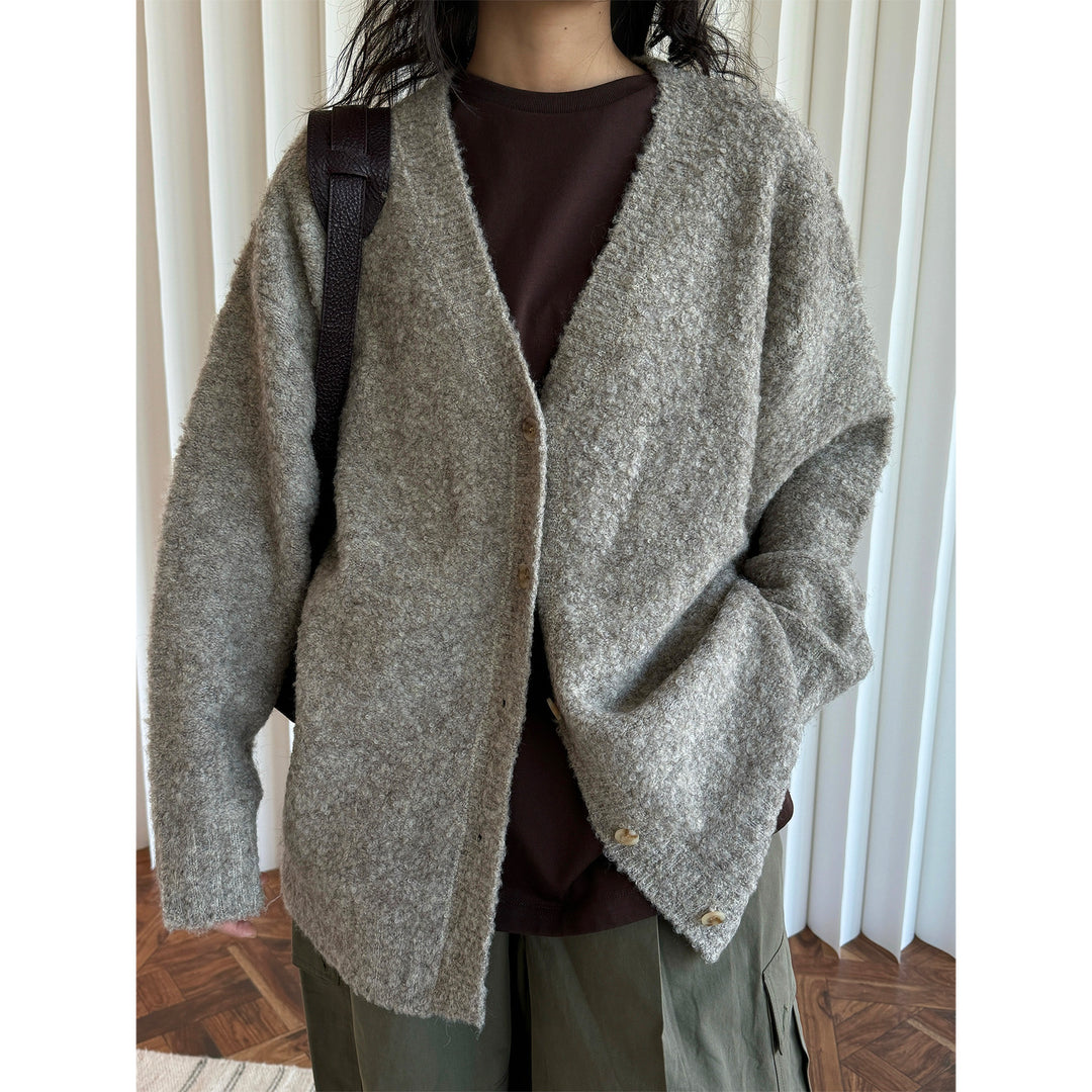Ladies Boxy Cardigan made of fluffy bouclé wool blend with deep V and button placket Amarae