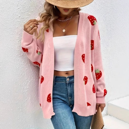 Knit jacket for women with a cheerful strawberry pattern and a soft material Amarae