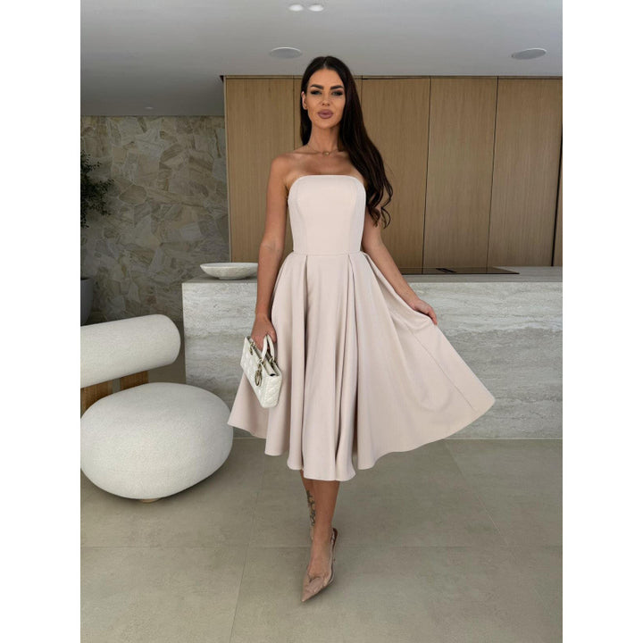 A-line midi strapless dress for women with flowy skirt Lune London