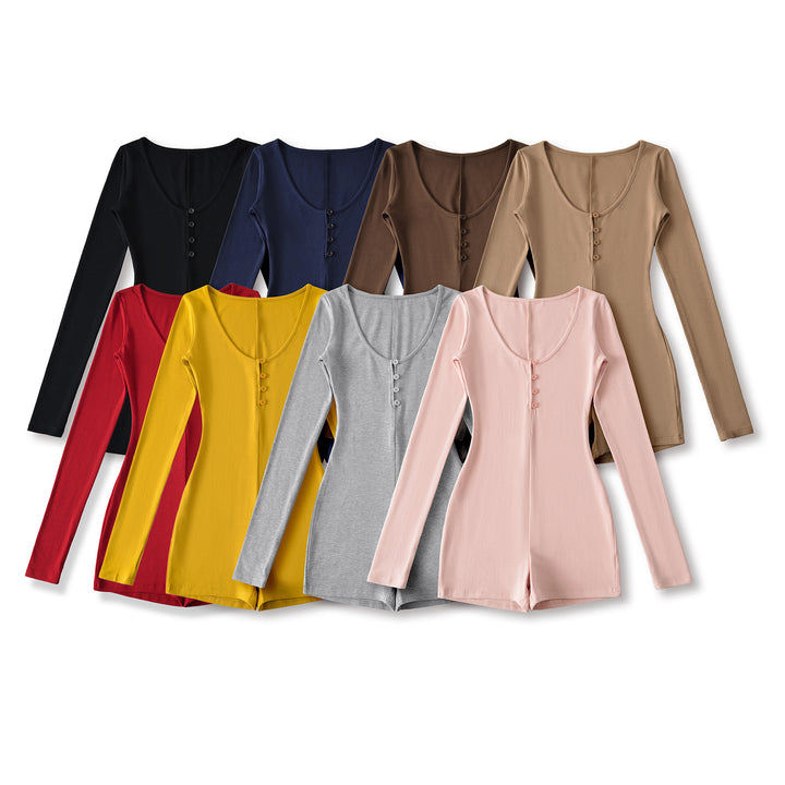 Women Fitted Long Sleeve Bodysuit with Button Placket and Short Shorts Amarae