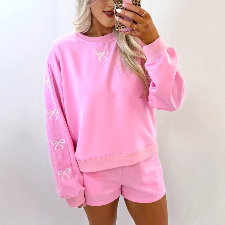 Women's cozy lounge sweat set with shorts and embroidered bows Amarae