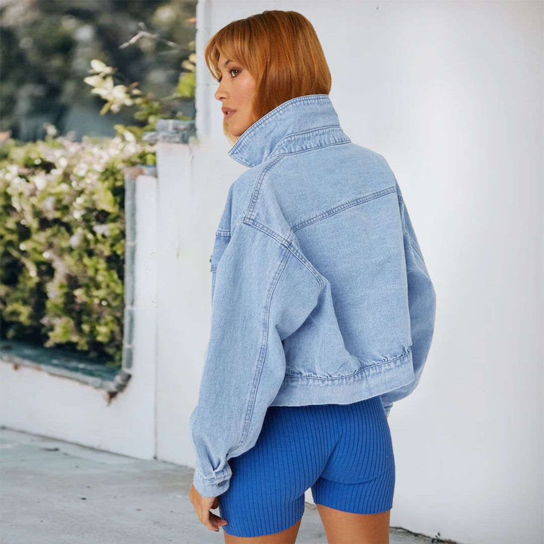 Women's Cropped Oversize Denim Jacket with Snap Button Front and Patch Chest Pockets Amarae