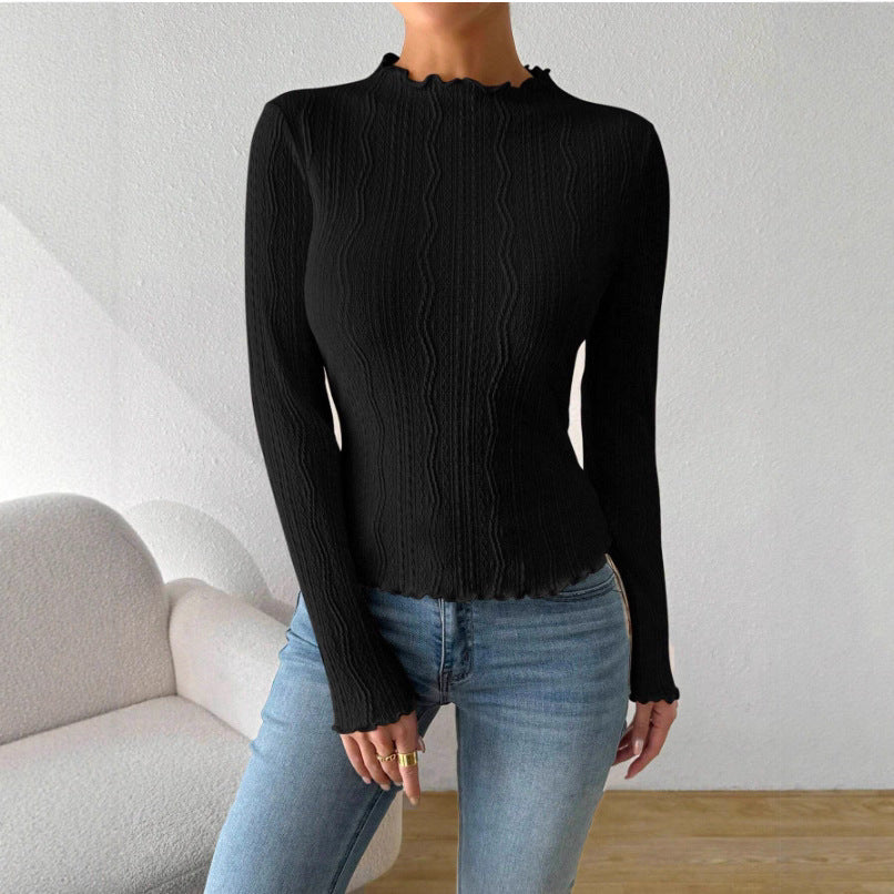Ladies Elegant Long Sleeve T-shirt with Textured Design and Ruffles Lune London