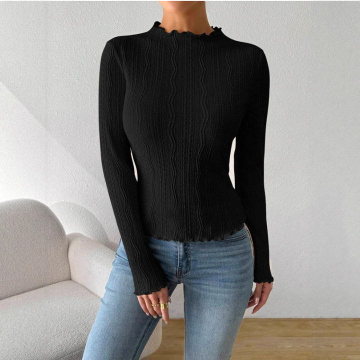 Ladies Elegant Long Sleeve T-shirt with Textured Design and Ruffles Lune London